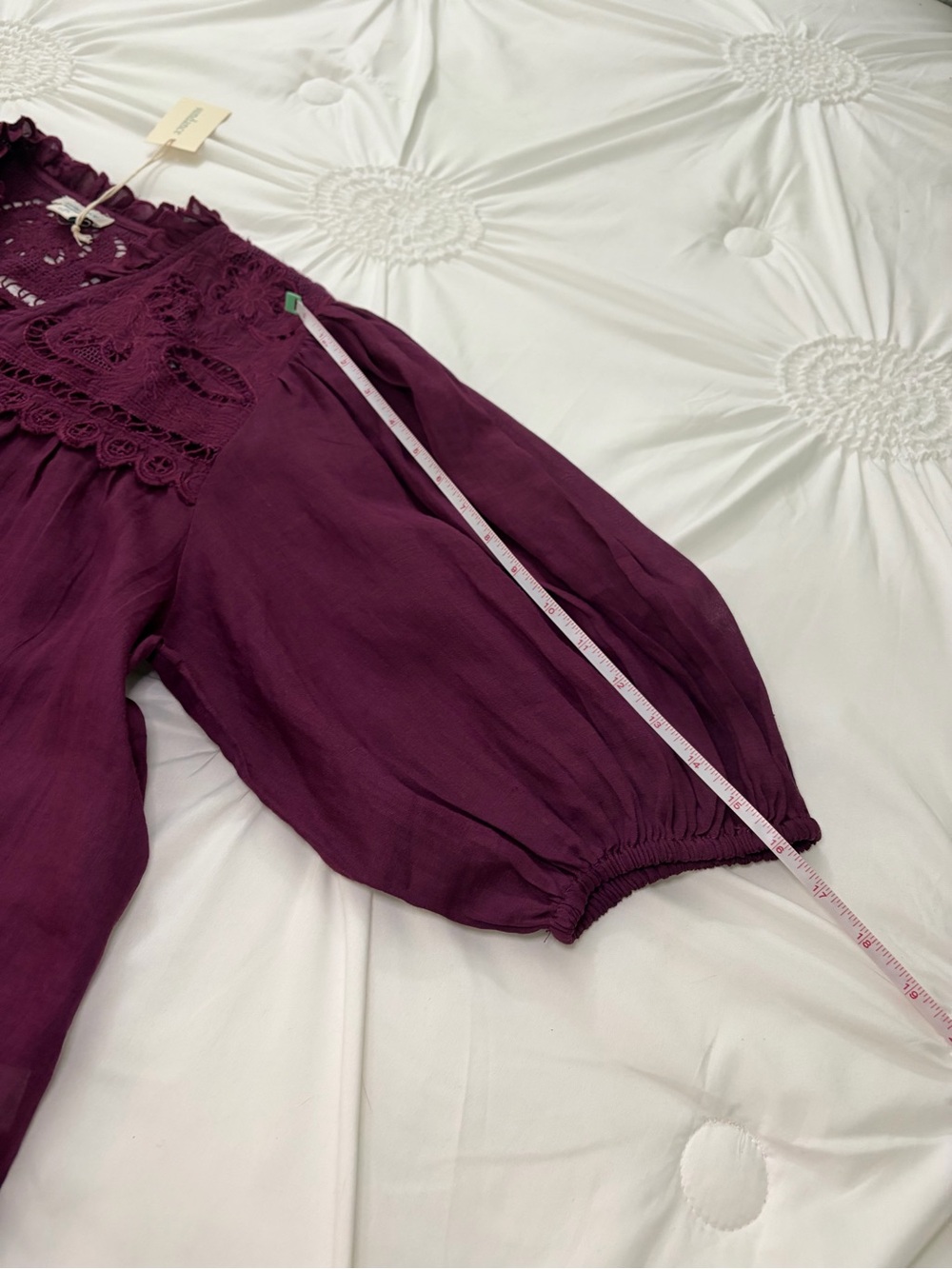 NWT Sundance Plum Embroidered Lace Puff Sleeve Ramie Button Down Bohemian Top XL - Picture 14 of 16